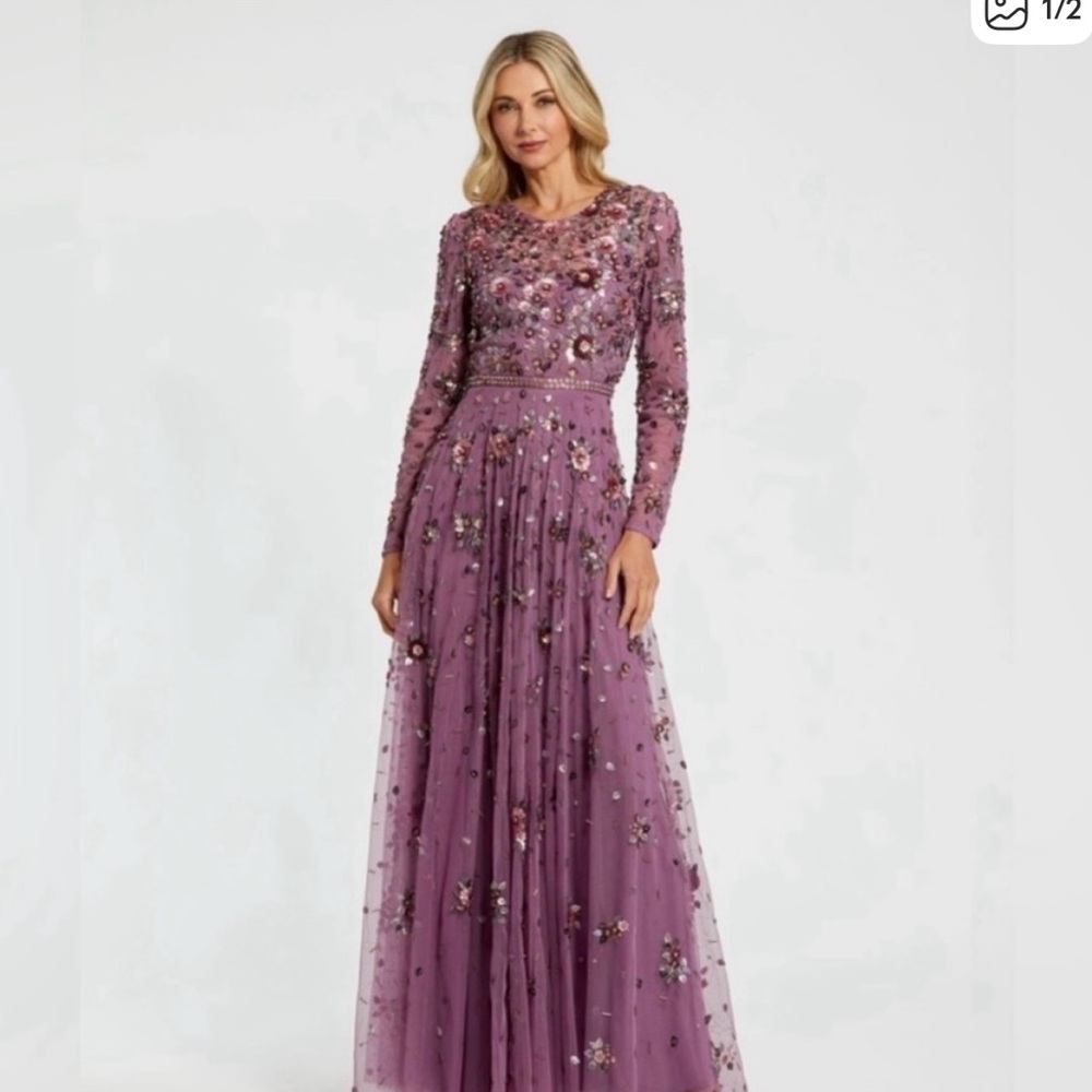 Mac Duggal 10063 Purple Long Sleeve High Neck Beaded Gown sz 2